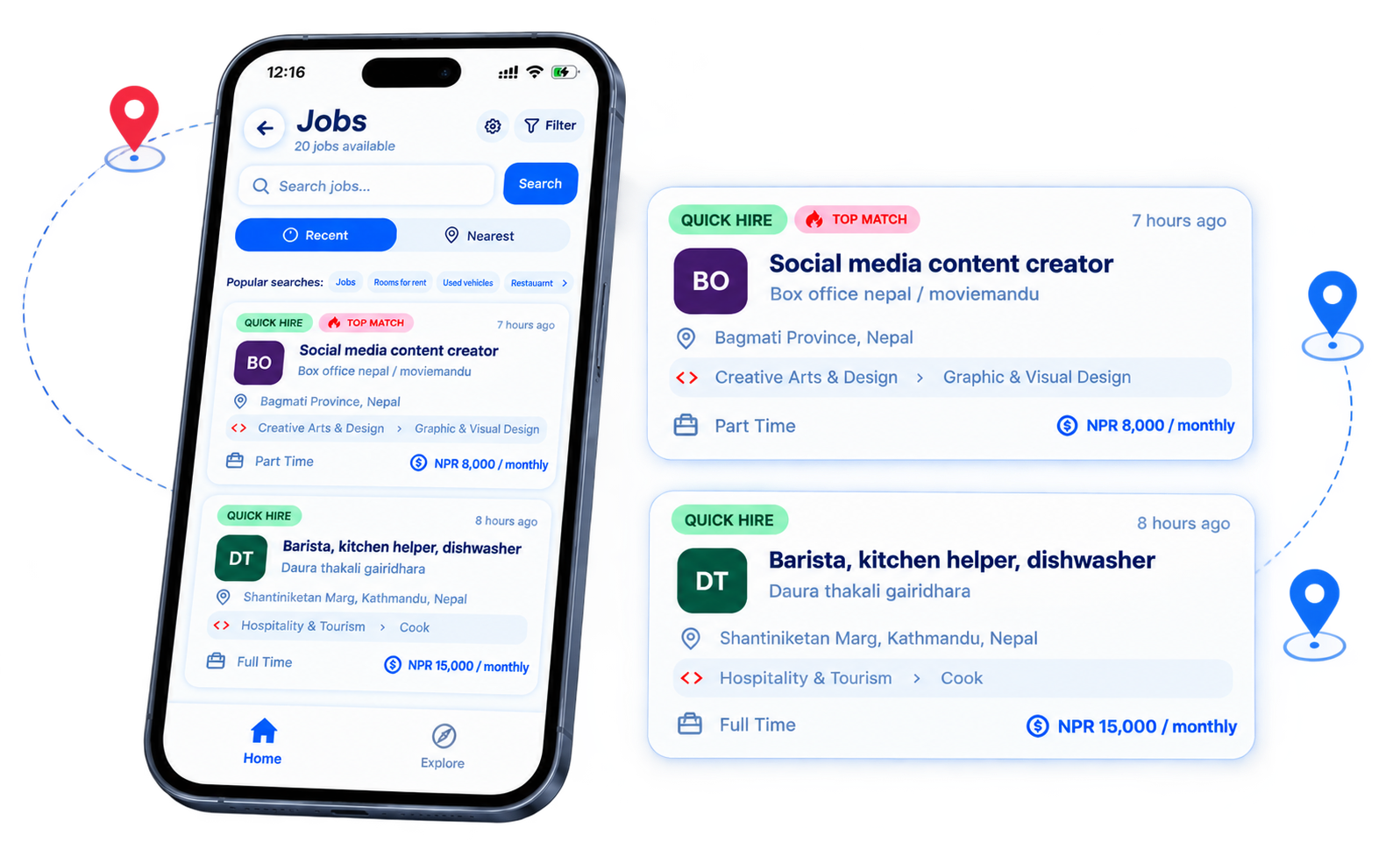 GenZ Link mobile app screens showing jobs, accommodation, vehicles and business listings