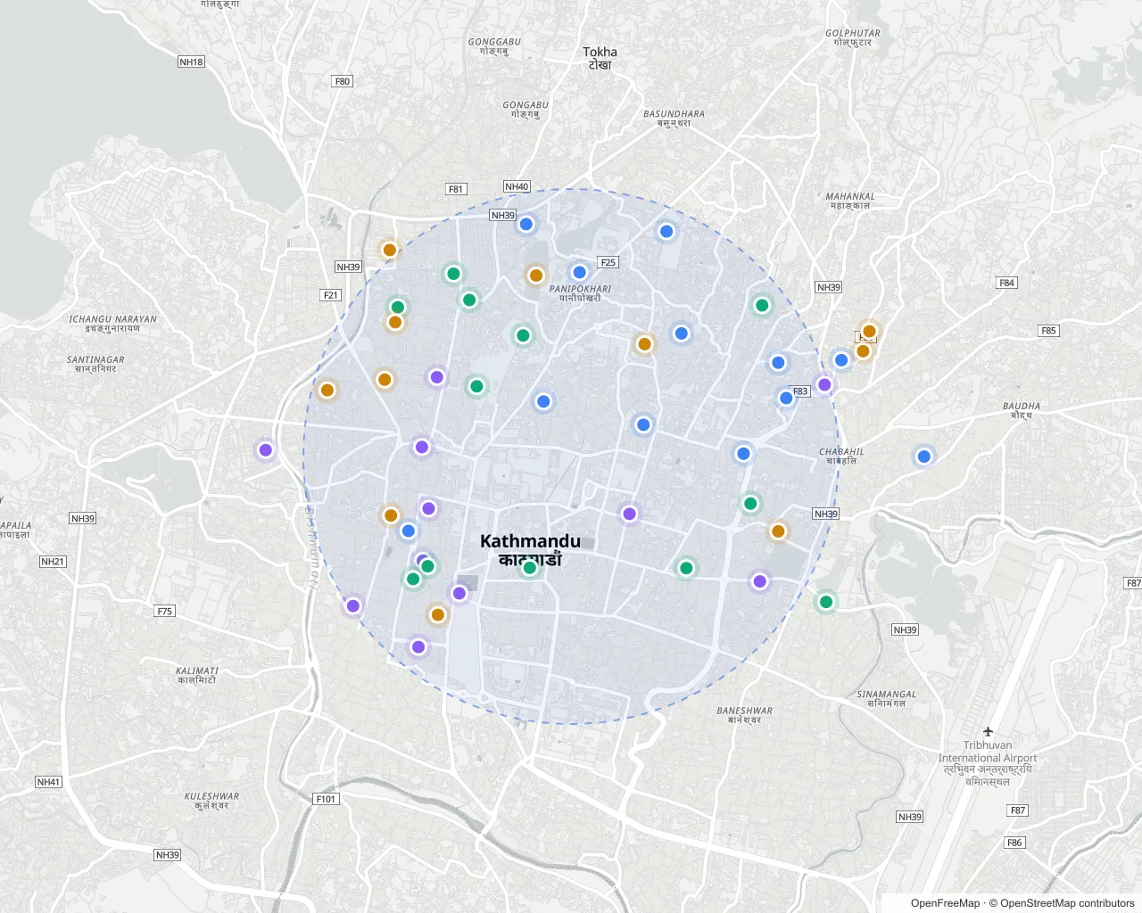 Map of Kathmandu with listings marked around the area