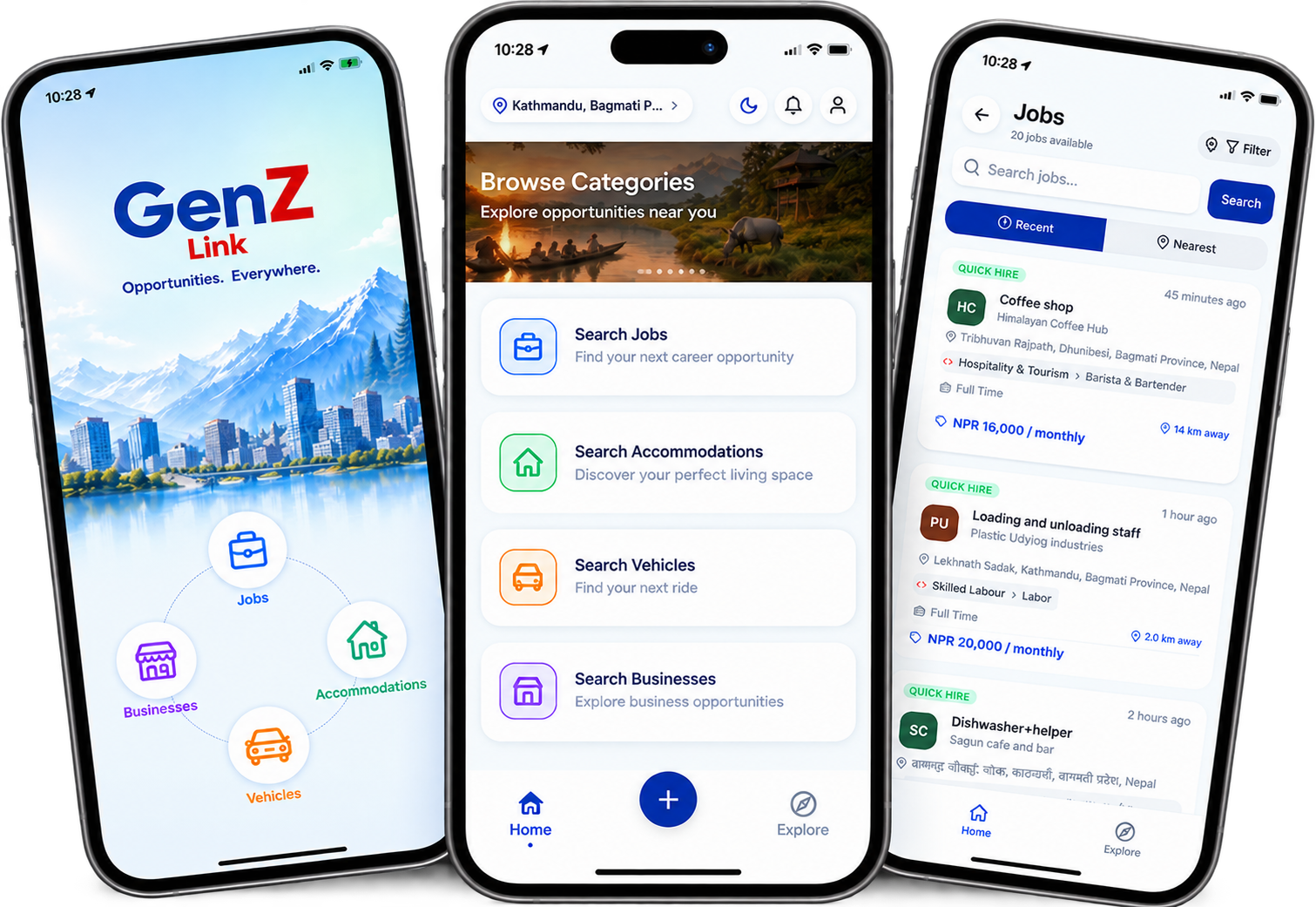 The GenZ Link app: the opening screen, browse categories, and a list of jobs nearby